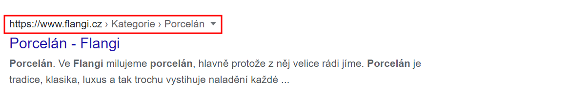 Ukázka drobečkové navigace e-shopu Flangi.cz